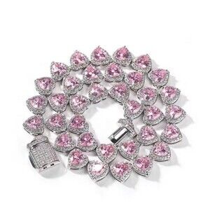 Heart Tennis Necklace, Iced Pink Heart Necklace, Luxury Crystal Heart Chain, Sta